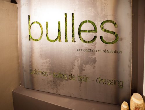 Enseigne logo végétal du showroom fraîchement relooké de Bulles Cuisines à Lyon. Métal et verdure pour un rendu eco design.